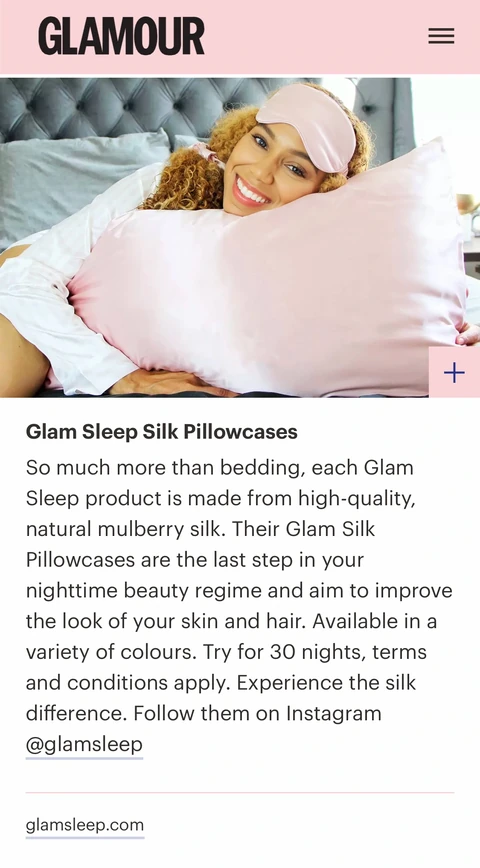 Glamour magazine tearsheet featuring Daisi Jo with a pink Glam Sleep silk pillowcase and sleep mask
